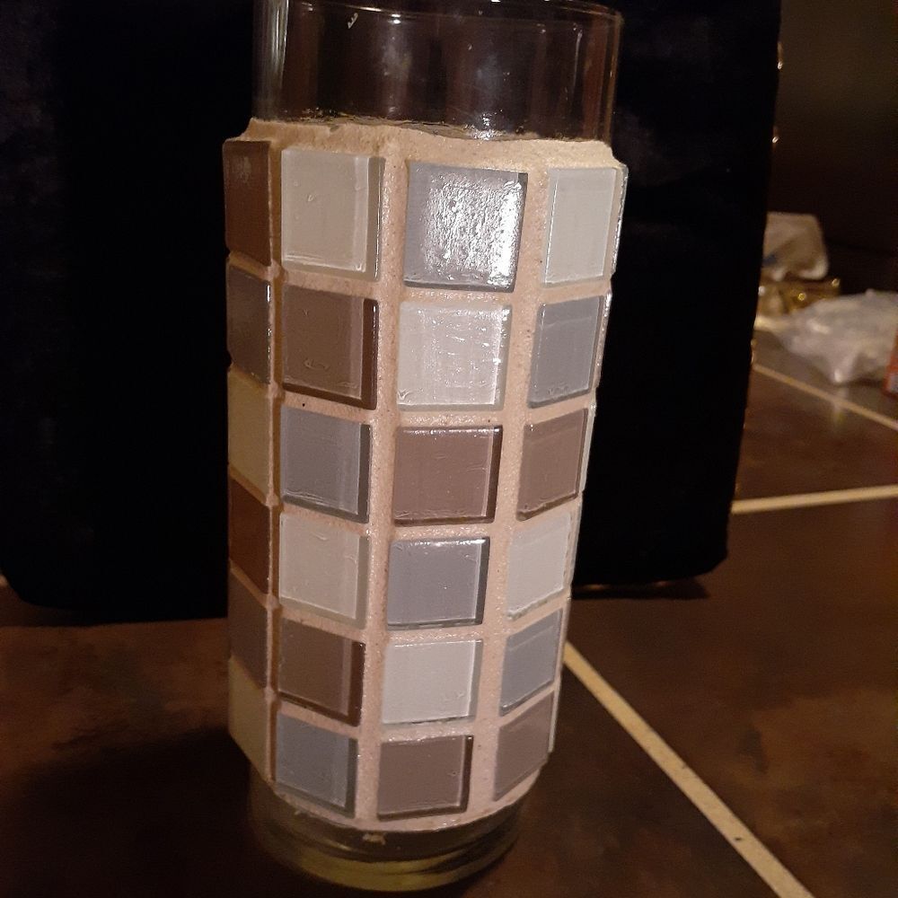 Hand tiled. Glass Mosaic Tiles. 9" glass vase. One-of-a-kind, handcrafted.
